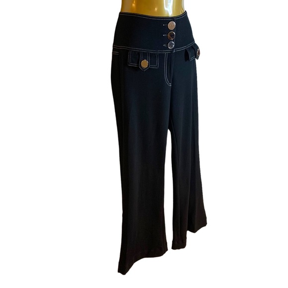 New black trousers white stitching gold shiny buttons tight fit wide flare size4 - Picture 6 of 10